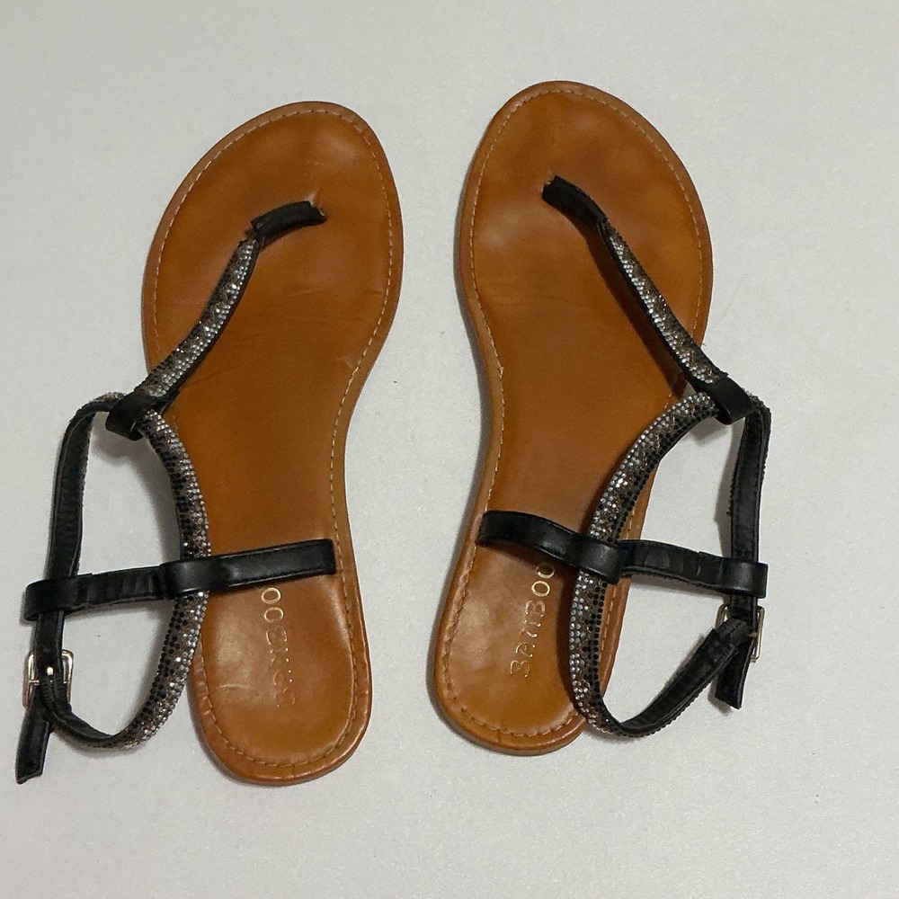 Bamboo‎ Black Rhinestone T-Strap Sandals Women's Size 10 Flat Summer Dressy